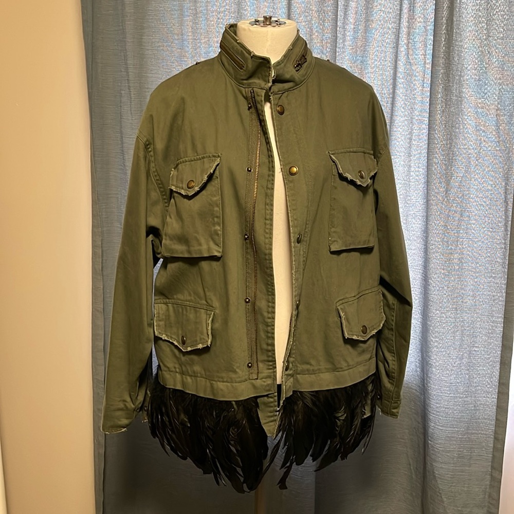 Zara olive green military jacket with embroidered back and feathers